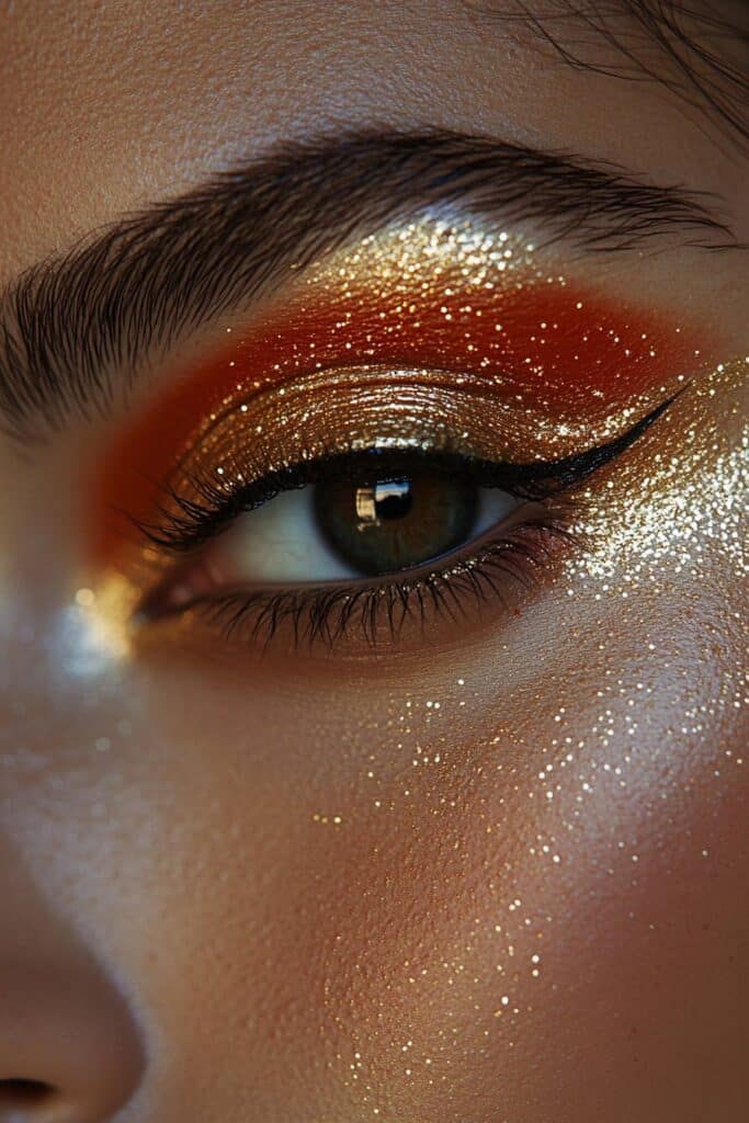 A full face makeup look featuring a red and gold eye makeup with vibrant red shadow and luxurious gold accents for a festive look.