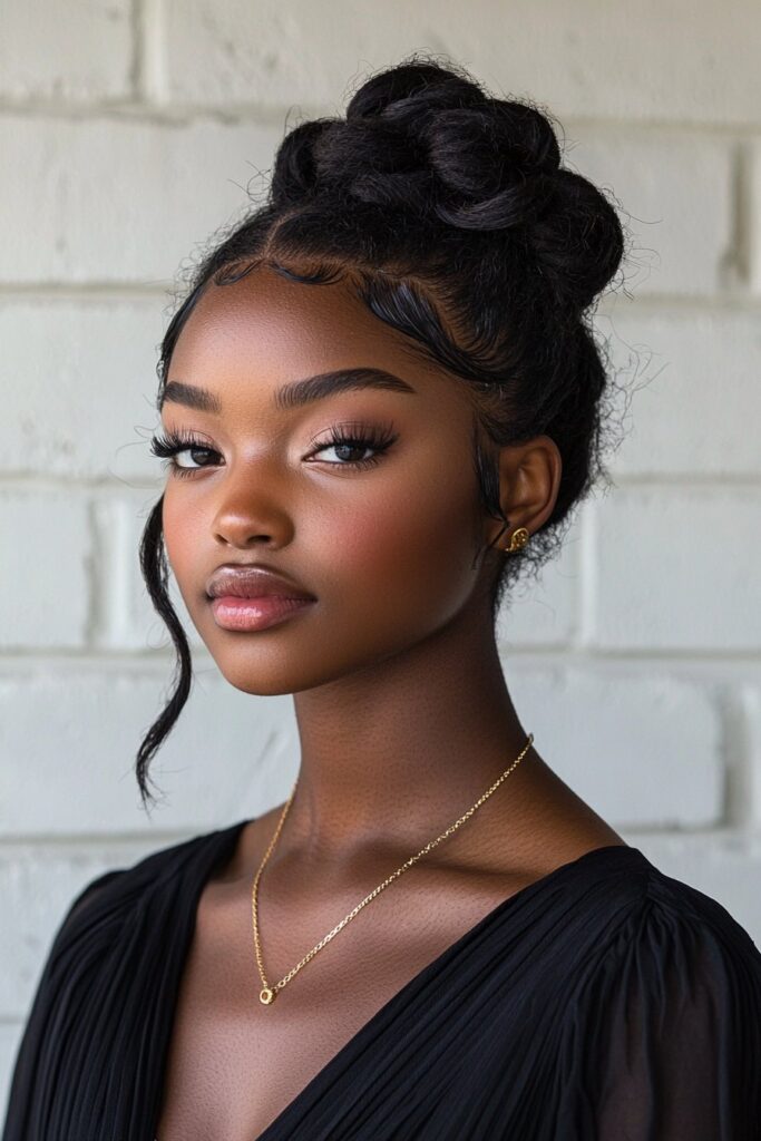 A young Black woman with a Regal Twisted Bun against a white brick wall background. Her hairstyle is elegantly twisted and wrapped into a regal bun, offering a sophisticated and polished prom updo.