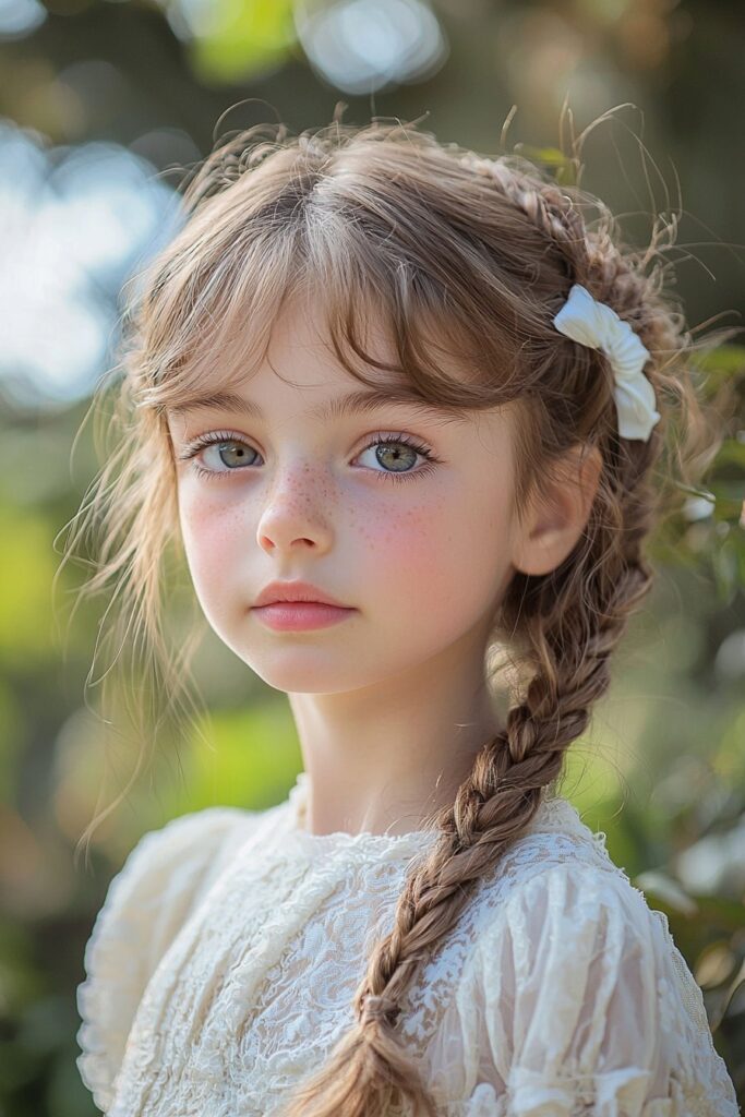 A lifelike image of a young girl with a beautifully plaited Ribbon-Woven Braid. The white satin ribbon adds an enchanting touch, with a vibrant outdoor garden background completing the look.