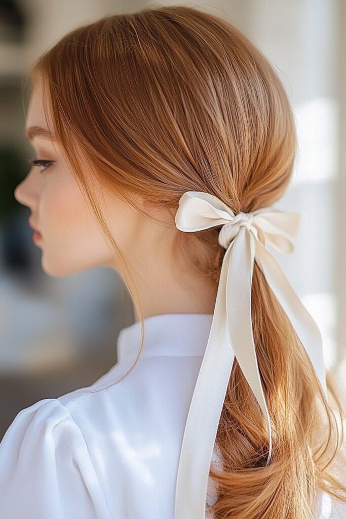 Young woman with a ribbon-wrapped low ponytail, showcasing a soft and vintage-inspired look. The hairstyle is beautifully presented against a white brick wall background.