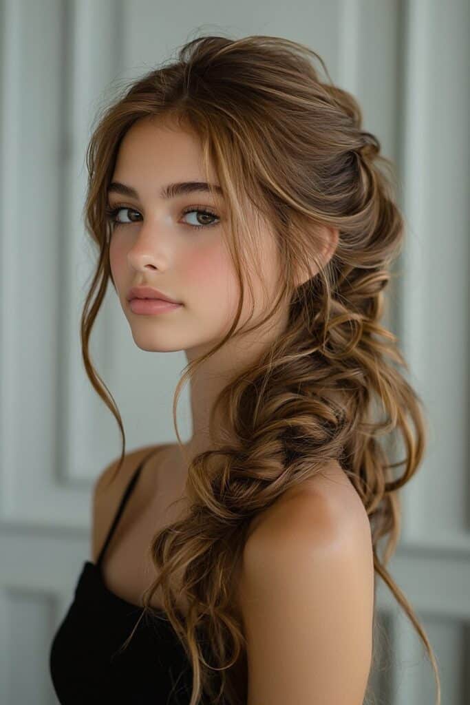 A young woman with a Romantic Curled Twist half-up, half-down hairstyle. Soft, twisted sections are pinned back, blending seamlessly with bouncy curls for a romantic prom hairstyle. The indoor wall panel background adds elegance and warmth.