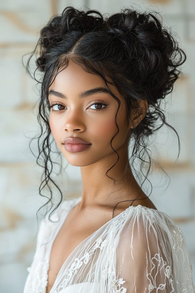 A young Black woman with a Romantic Loose Curl Updo in an indoor wall panel setting. Soft, loose curls are pinned back into a voluminous updo, perfect for a dreamy prom appearance.