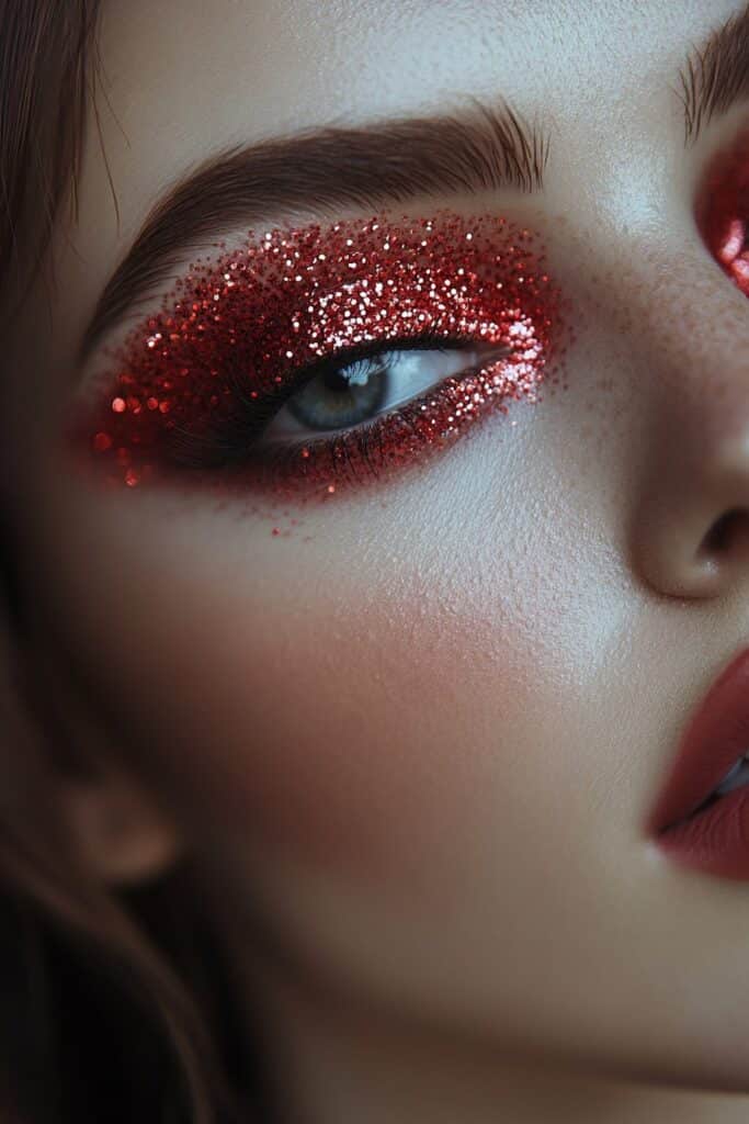 A full face makeup look featuring a vibrant ruby glitter halo eye, with glitter centered on the lid surrounded by deeper red and burgundy tones.