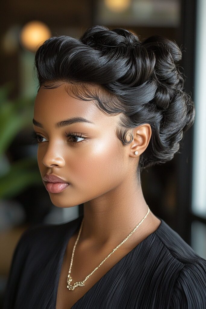 A young Black woman with a Sculptured Pin Curl Updo in a salon background. The curls are arranged into an intricate, sculptural design, giving a vintage yet elegant look for prom.