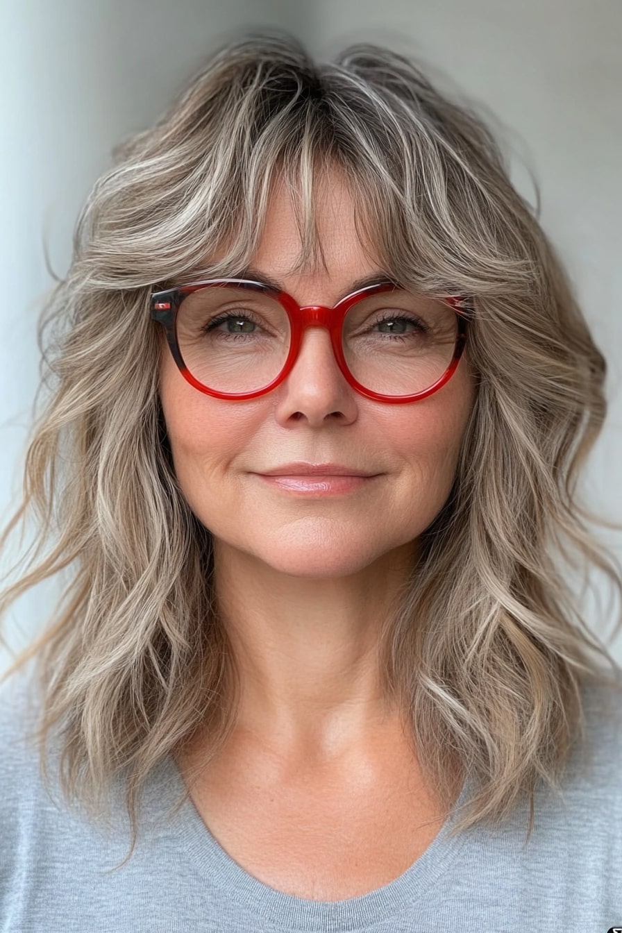 Voluminous shag layered hairstyles for women over 50 with thin hair