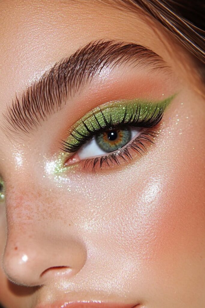 A close-up of an eye with shimmering sage-green eyeshadow. The soft shimmer blends seamlessly into a matte crease, creating a sophisticated, ethereal glow. The lower lash line is subtly defined for added depth