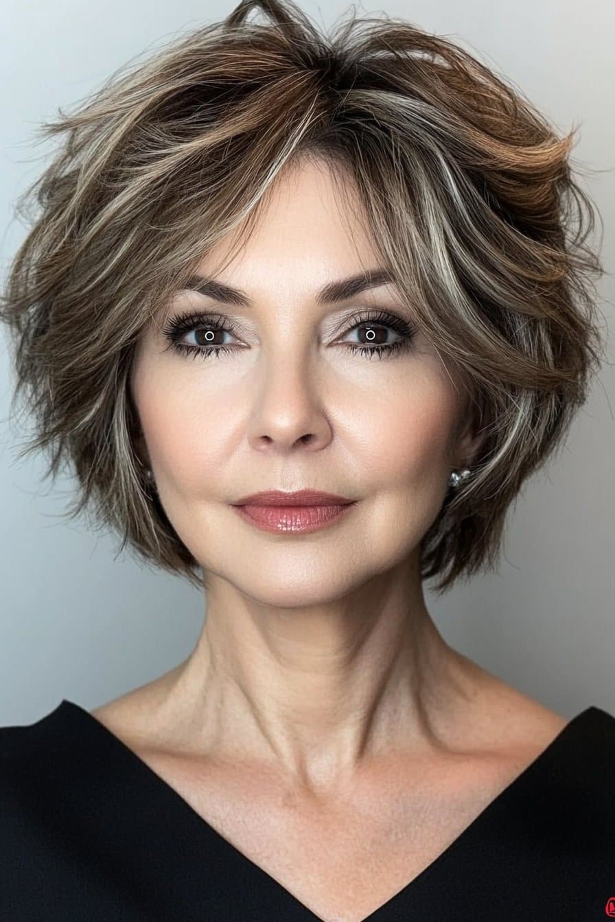 Chic short espresso stacked bob for a bold, sophisticated look over 50