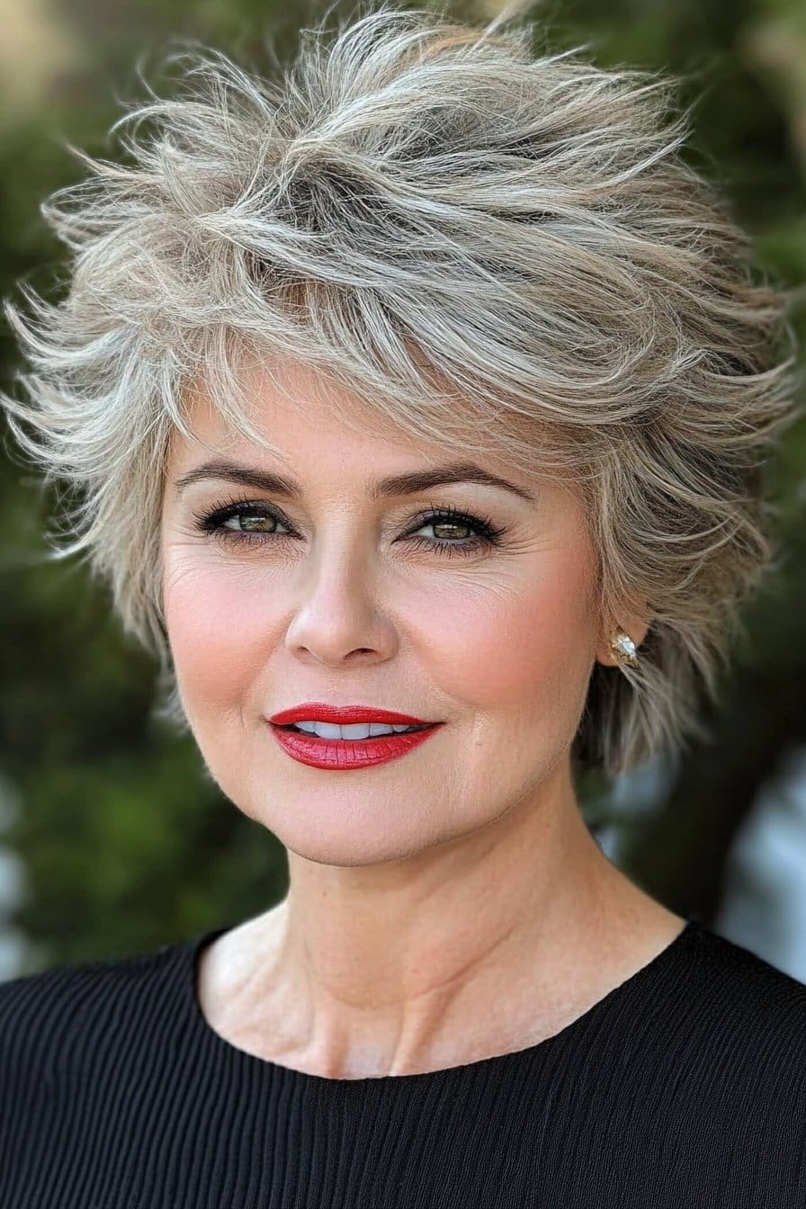 Short feathered cut hairstyle for women over 50