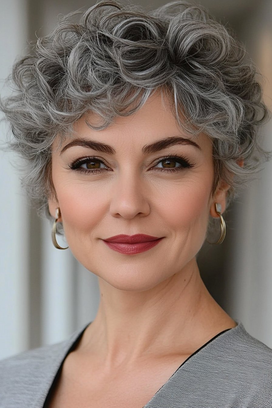 A chic woman over 50 sporting a short gray curly pixie cut. The soft curls add dimension and a playful, youthful touch to this modern style.
