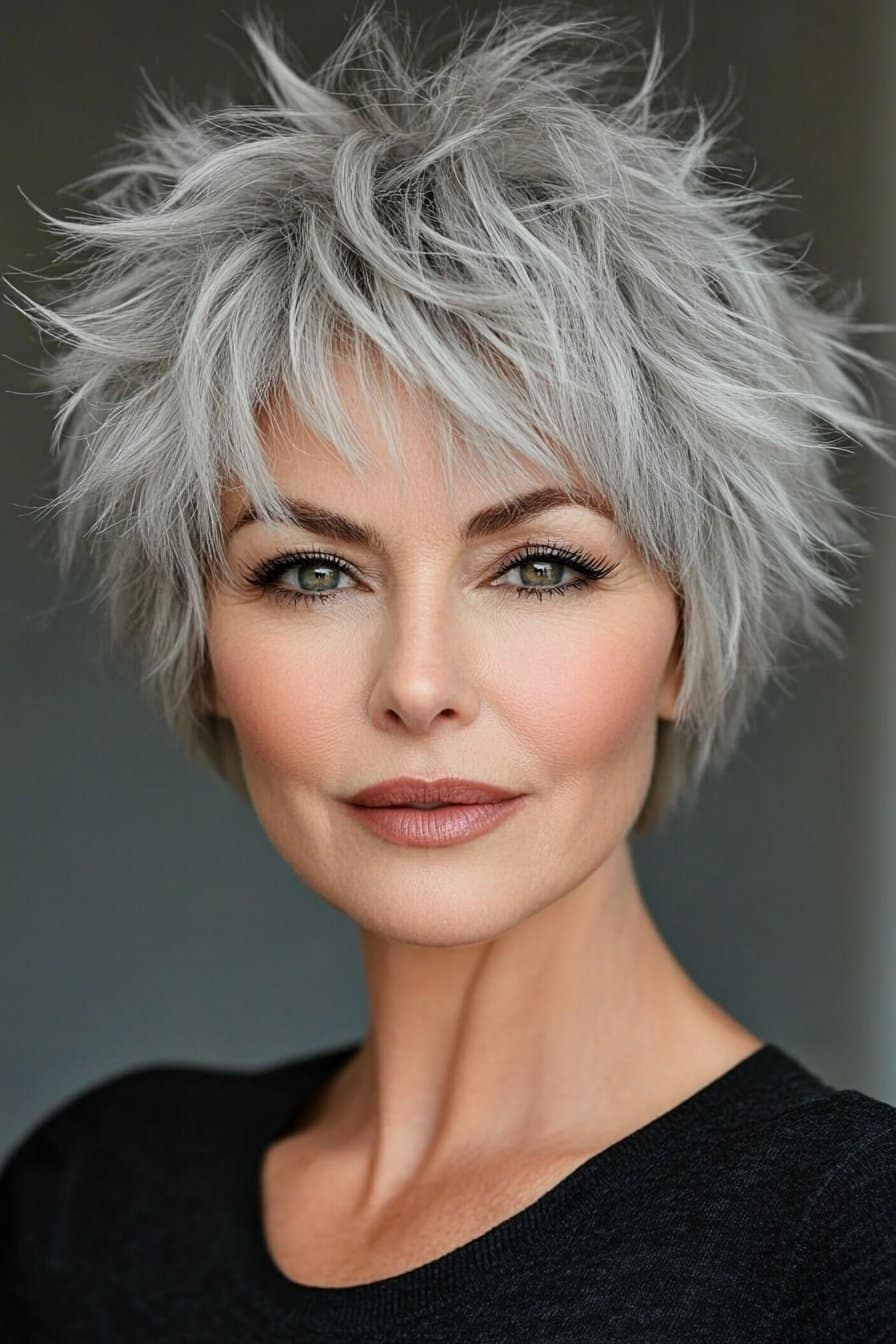 Wispy pixie cut with volume for grey hair over 50