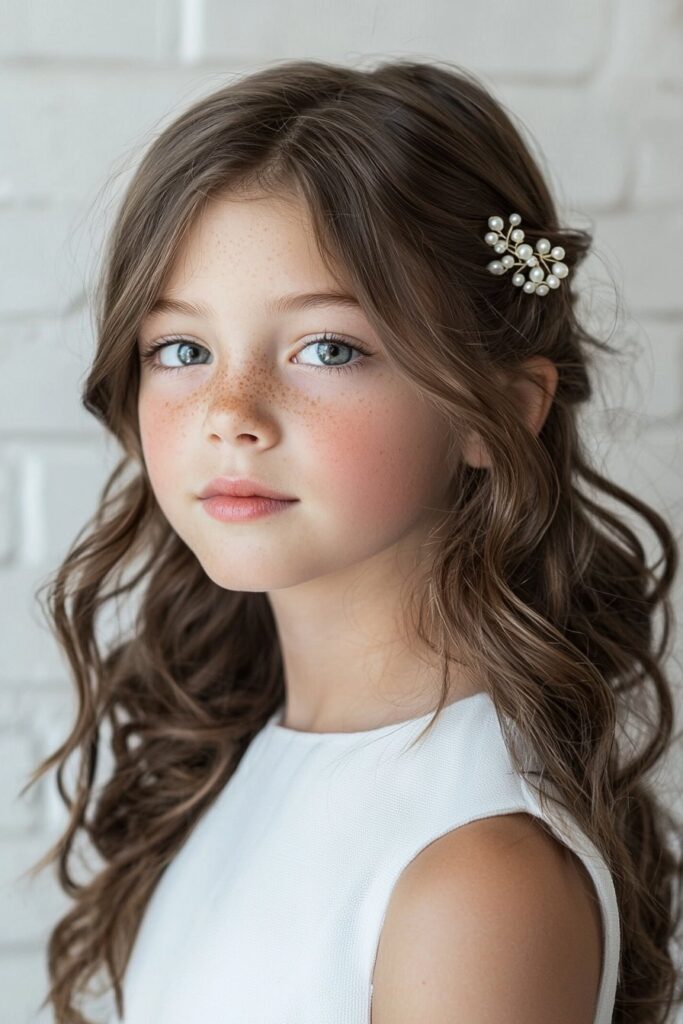 A natural-looking photo of a young girl with a Side-Swept Elegance hairstyle. Soft curls cascade over one shoulder, accented with a pearl hairpin. The white brick wall background offers a clean and professional aesthetic.