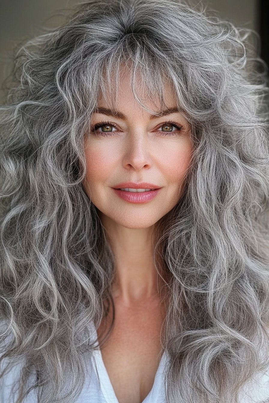 A stylish woman over 50 with side-swept gray curly bangs. The soft, voluminous curls frame her face beautifully, adding a modern, elegant touch