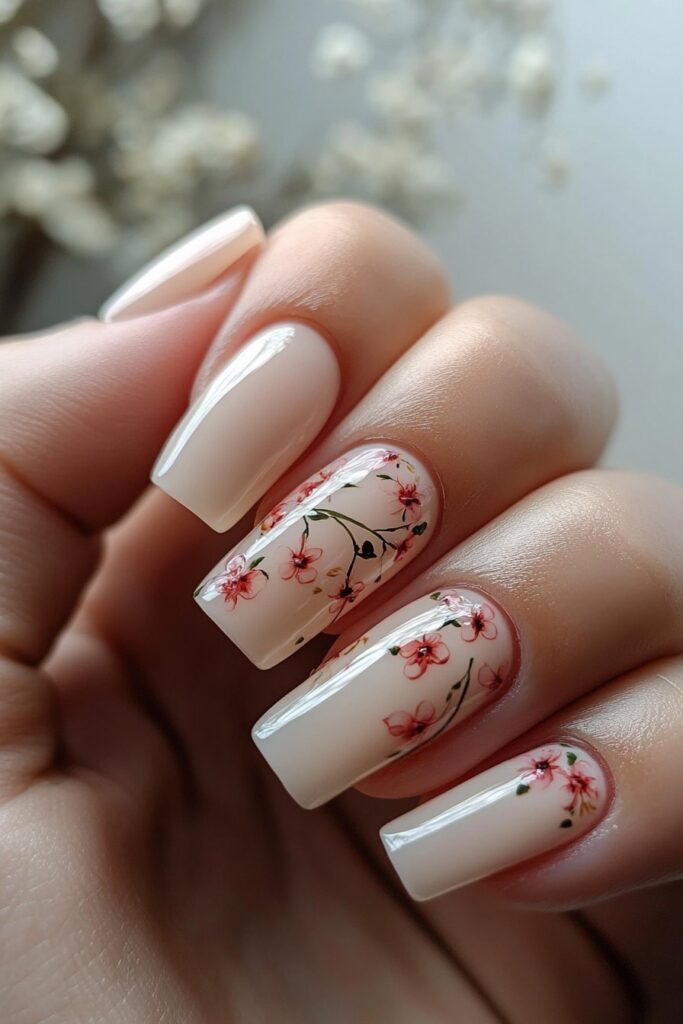 Delicate almond-shaped nails with a soft base color and tiny floral accents in pastel tones, adding a romantic touch.