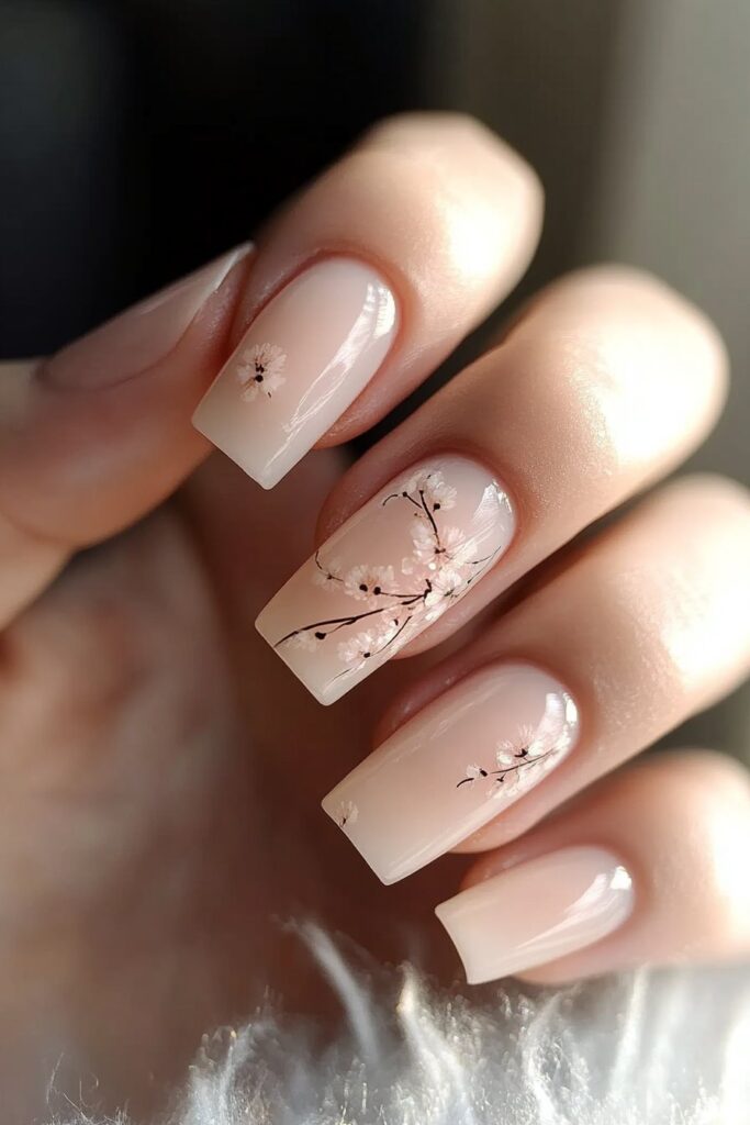 Classic almond-shaped nails with a single accent nail featuring a delicate design, while the rest remain in a solid color.