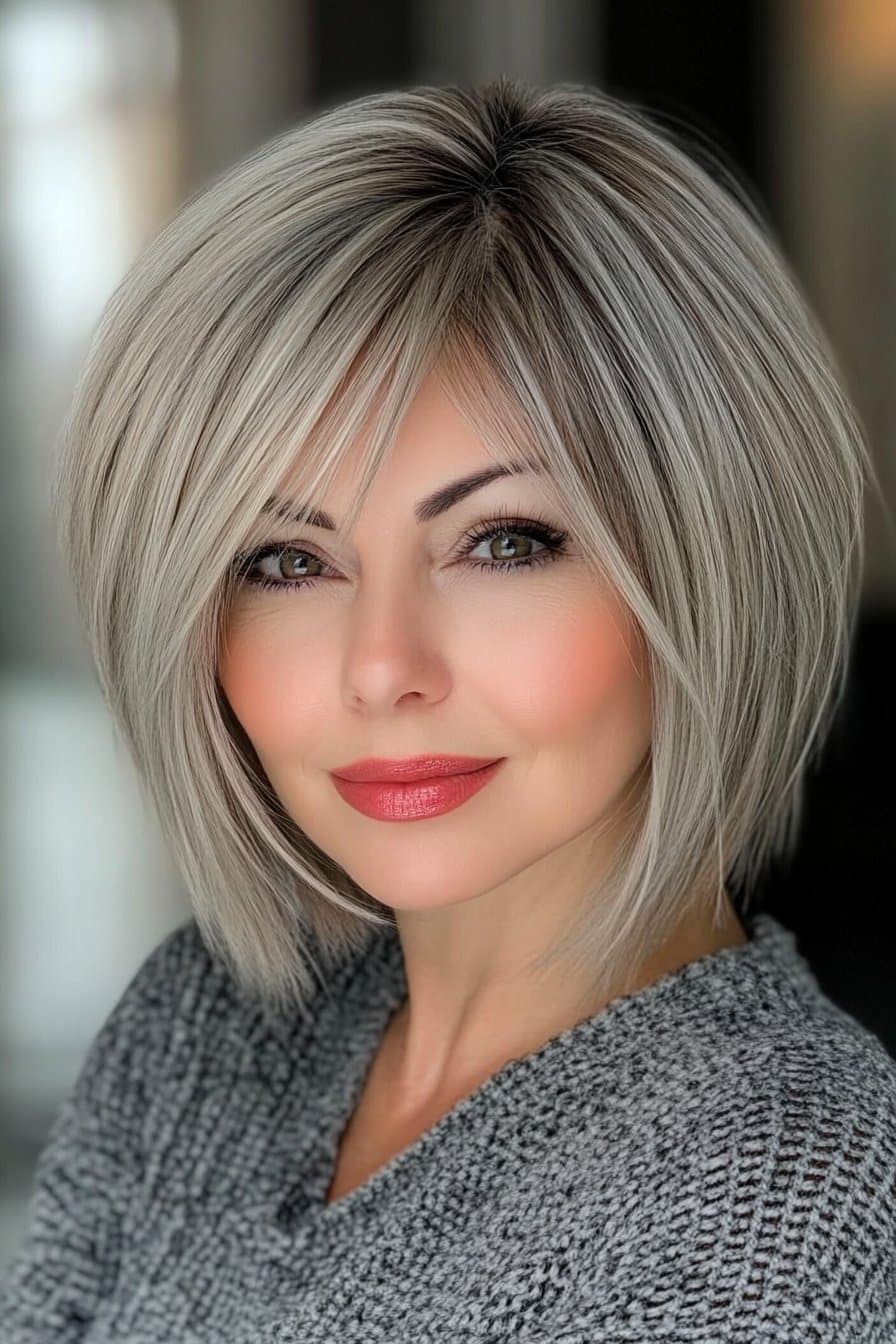 Sleek angled bob short hairstyle for grey hair over 50