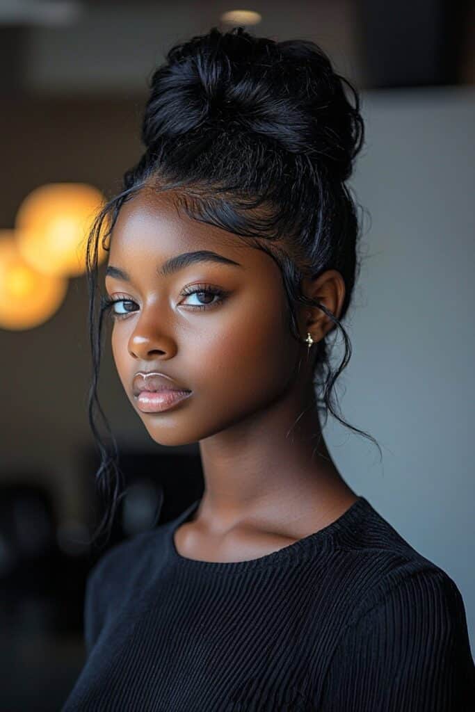 A young Black woman with a Sleek High Bun with Baby Hair in an indoor salon setting. Her hairstyle features a polished high bun with precisely styled baby hairs, offering a refined prom look.