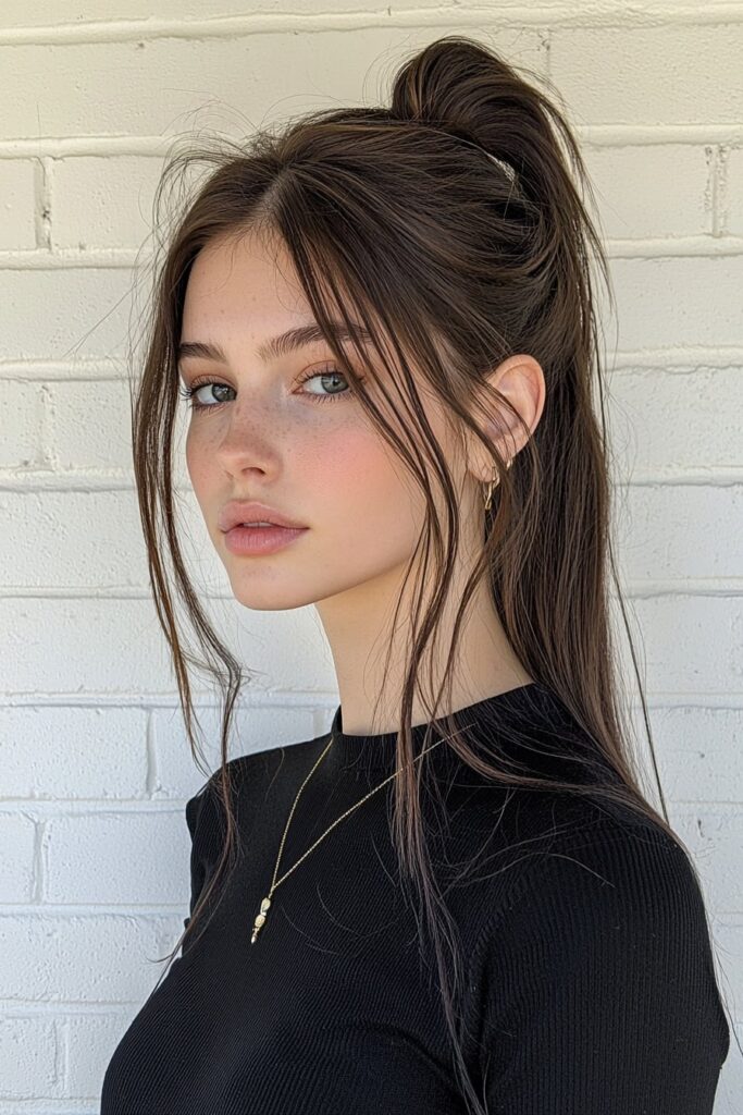 Young woman with a sleek high ponytail featuring soft, face-framing tendrils. The hairstyle is polished and modern, with a white brick wall background, showcasing a clean and elegant look.