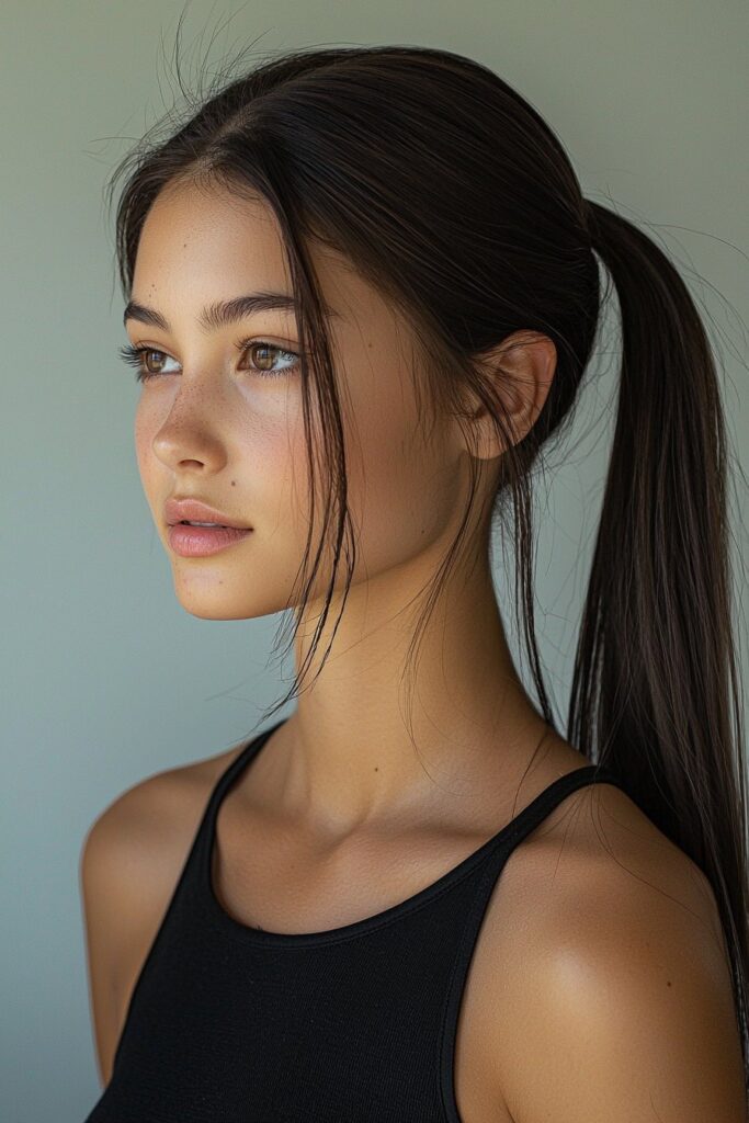 Young woman with a sleek middle-part ponytail sitting low at the nape. The sharp middle part adds sophistication, with an indoor panel wall background enhancing the modern style.