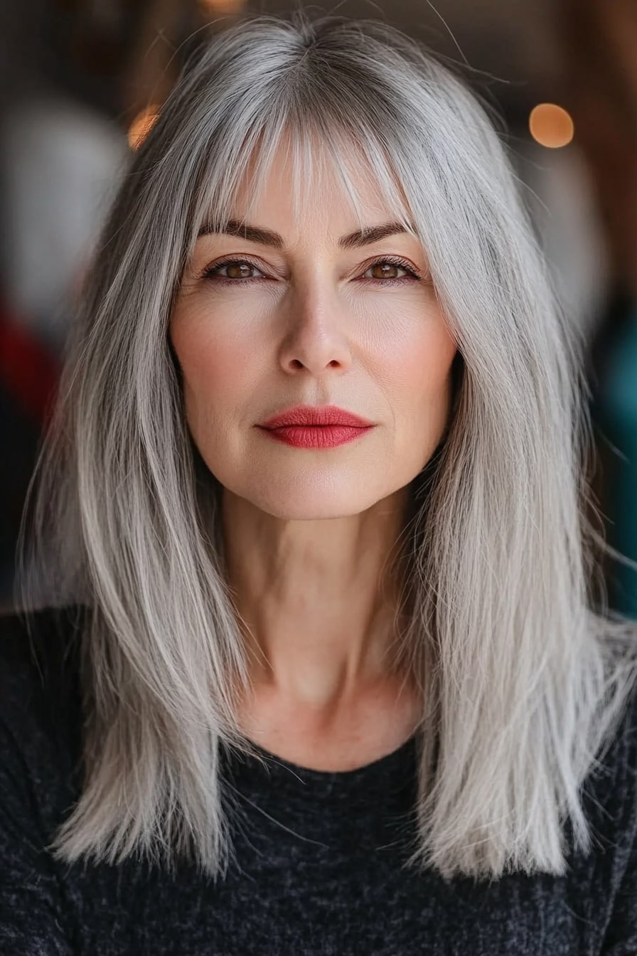 Sleek silver lob layered hairstyles for women over 50 with thin hair