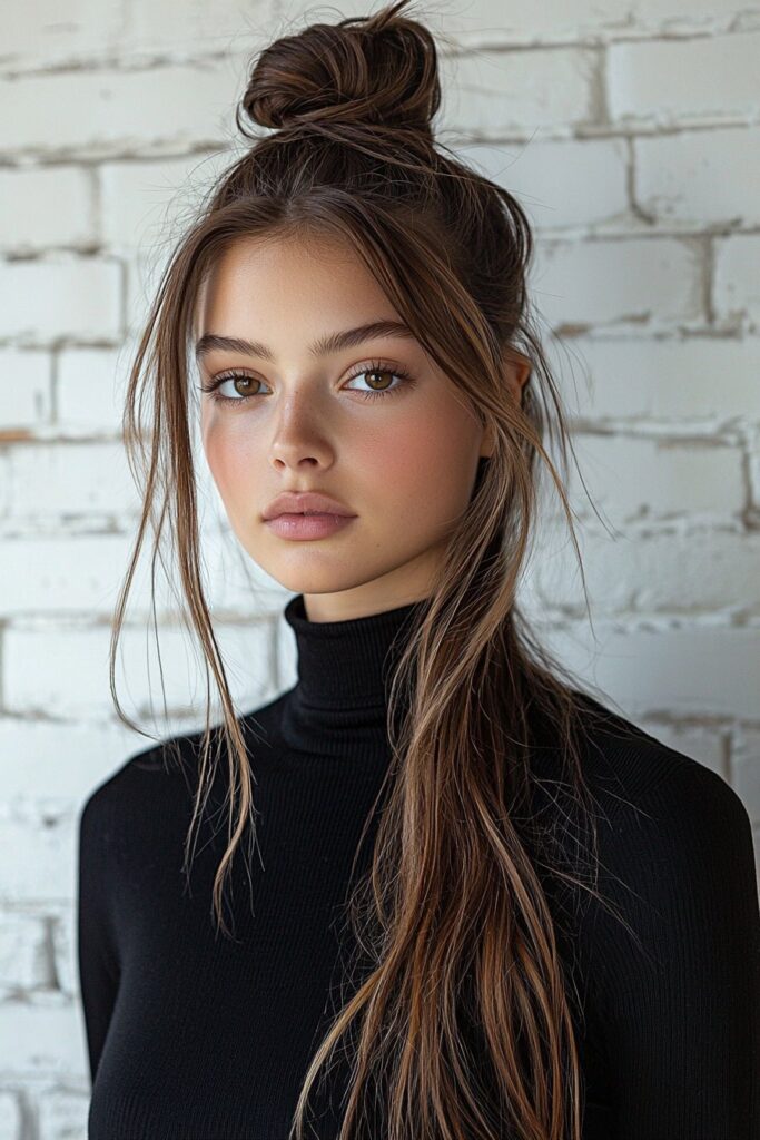 A young woman with a Sleek Top Knot half-up, half-down hairstyle. A polished top knot adds sophistication while straight, silky locks flow effortlessly, making it a modern prom choice. The white brick wall background enhances the clean and chic aesthetic