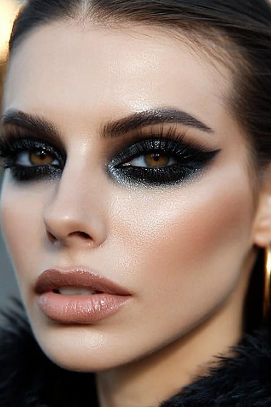 A close-up of a woman's eye with intense black and brown tones blended along the lower lash line. The upper lid remains minimal to highlight the dramatic lower lash effect.