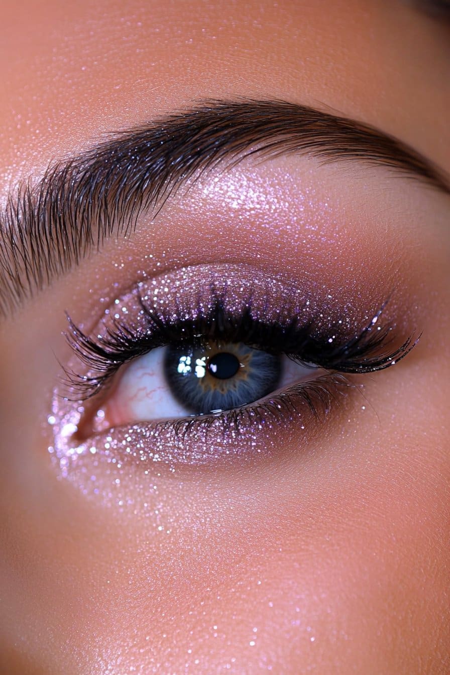 A close-up of a woman's eye with a sultry smokey eye and glitter. Deep charcoal and black shades blend seamlessly, while fine silver glitter adds contrast. The lashes are long and dramatic.