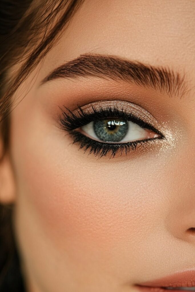 A close-up of a downturned eye with a smudged kohl eye makeup look. Dark, smoky kohl liner is applied along the lash line and gently blended for a grungy yet sophisticated effect.