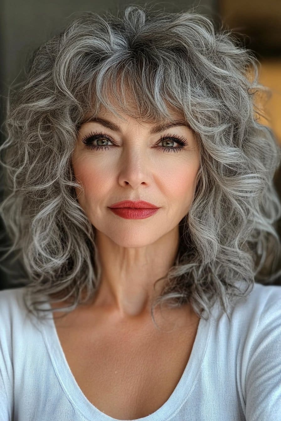 A stylish woman over 50 with soft fringe gray curls. Delicate bangs blend into voluminous curls, creating a flattering, youthful hairstyle.