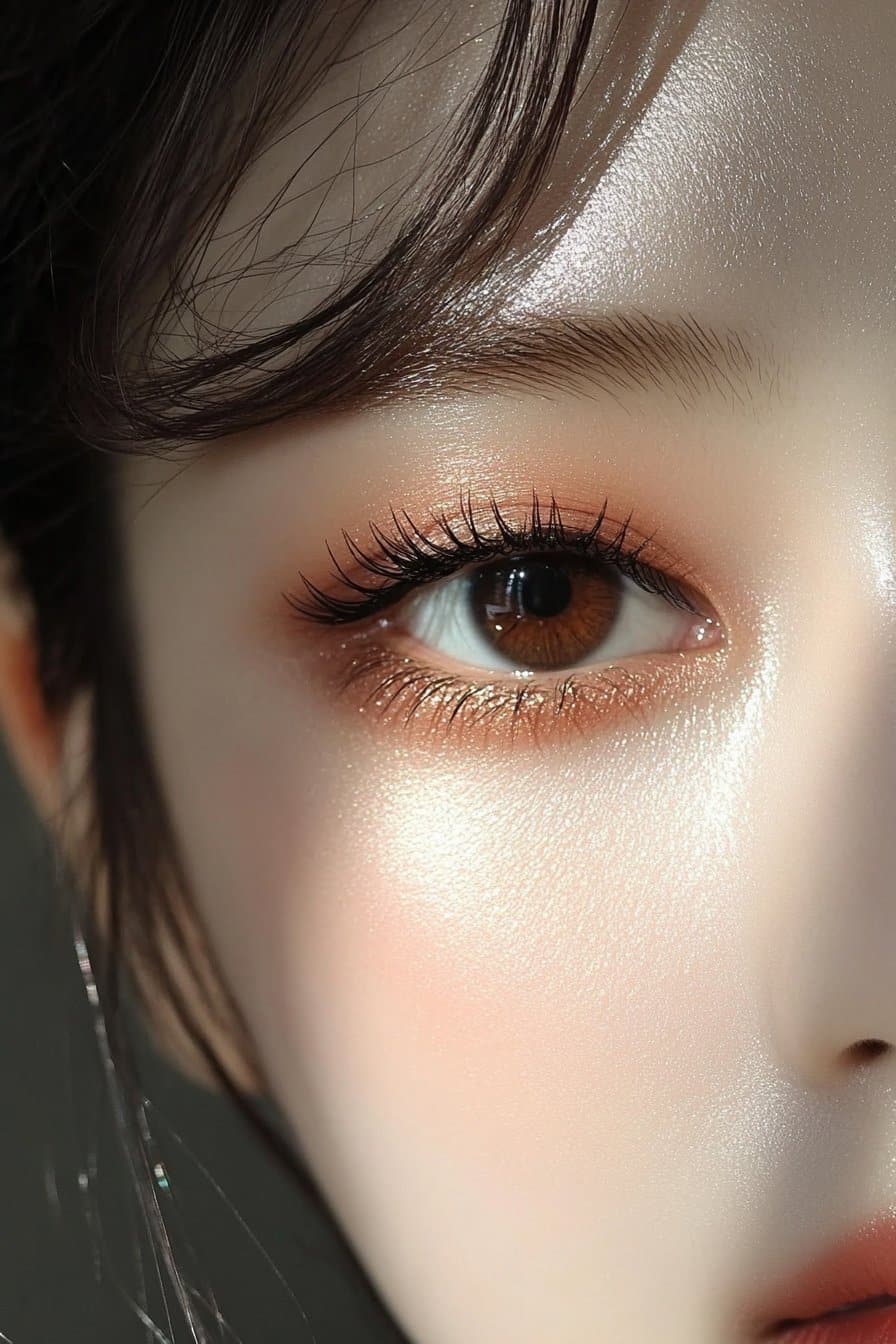 A close-up of a woman's eye featuring warm brown and peach tones with a touch of shimmer, subtle eyeliner, and a softly defined appearance.