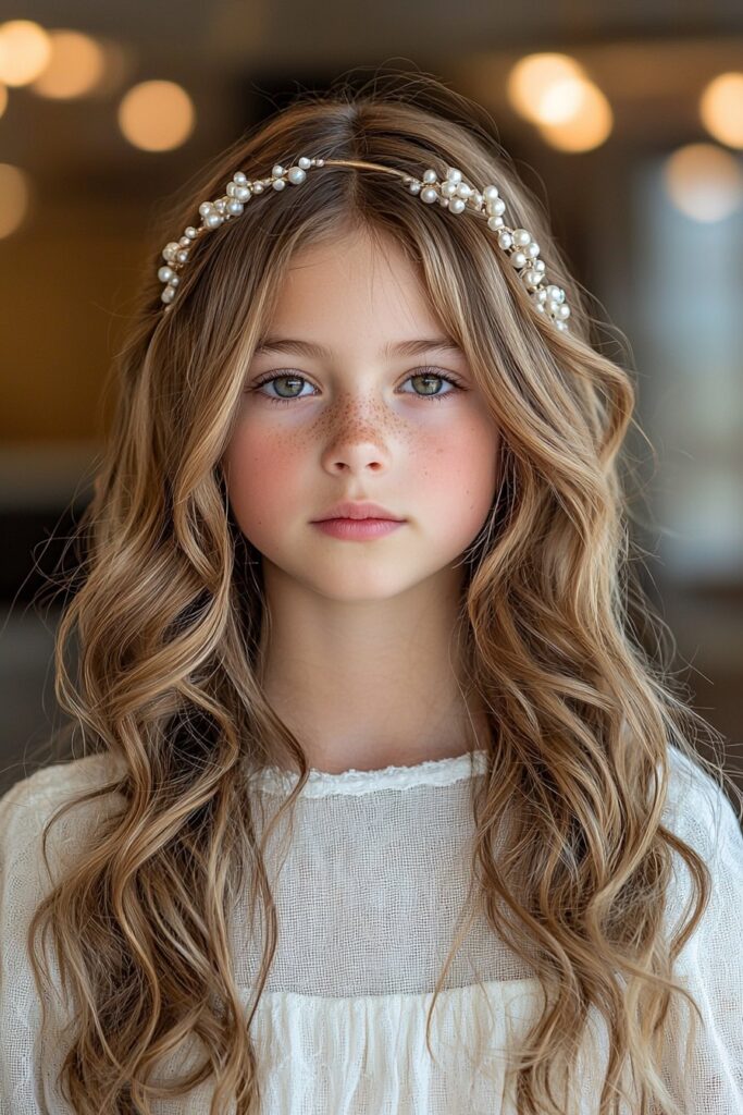 A natural and engaging photo of a young girl with Soft Romantic Curls. The curls are accented with a pearl headband, adding a timeless touch against the indoor salon background.