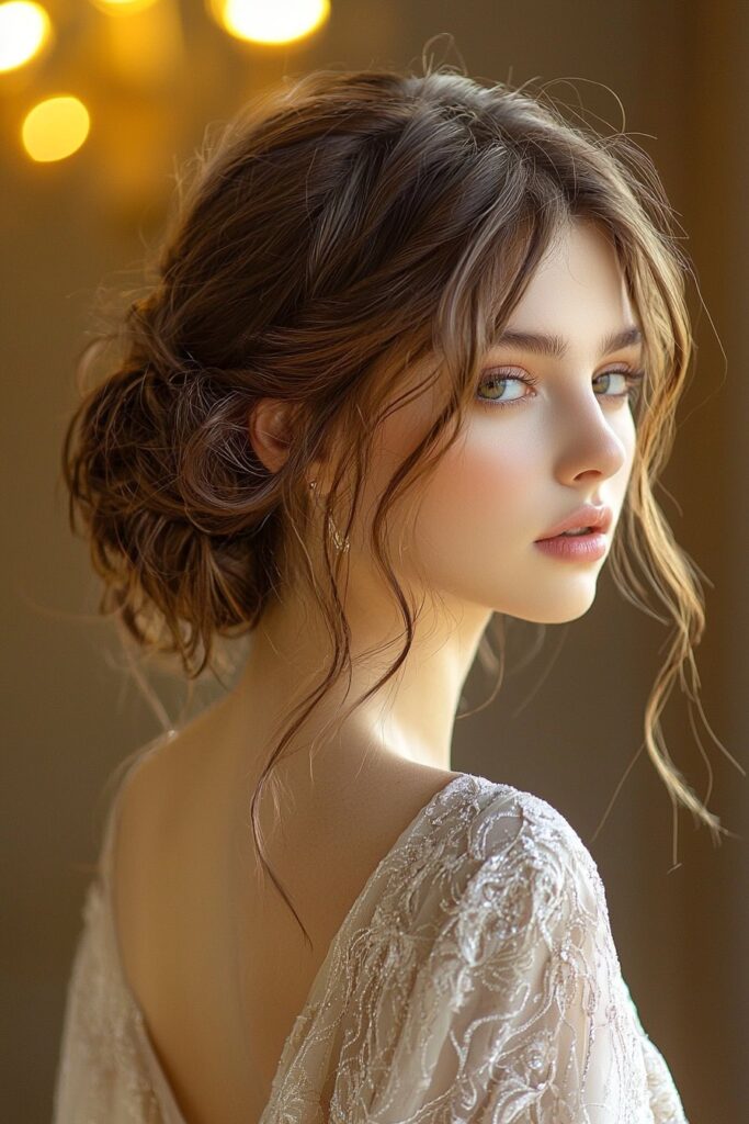 A young woman with a sophisticated low knot updo for prom. The hairstyle is elegantly styled with a smooth, polished look, featuring a chic low bun at the nape of her neck. She stands in a dimly lit ballroom with golden lighting, highlighting her graceful appearance