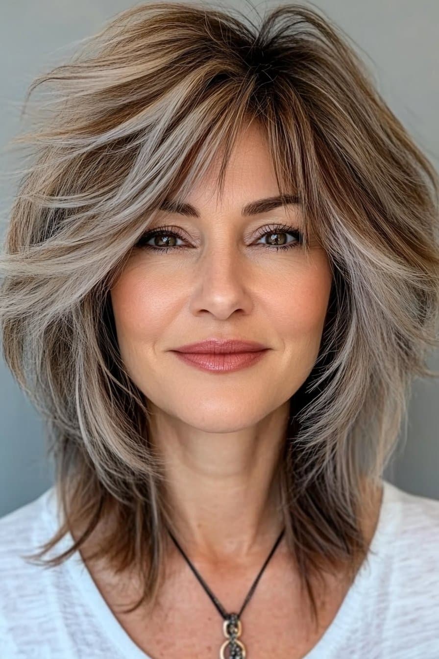 Low-maintenance medium length hairstyles for women over 50 with a chic shaggy texture