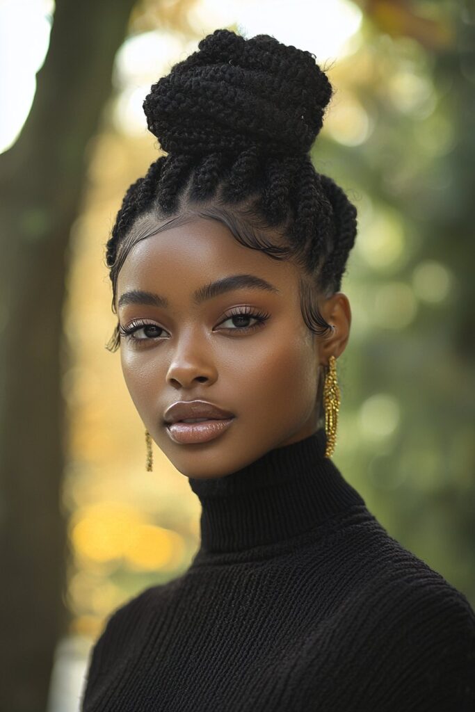 A young Black woman with a Spiral Twist Elegant Updo on a street background. Her hair is styled with intricate spiral twists, offering a sleek and artistic prom look.