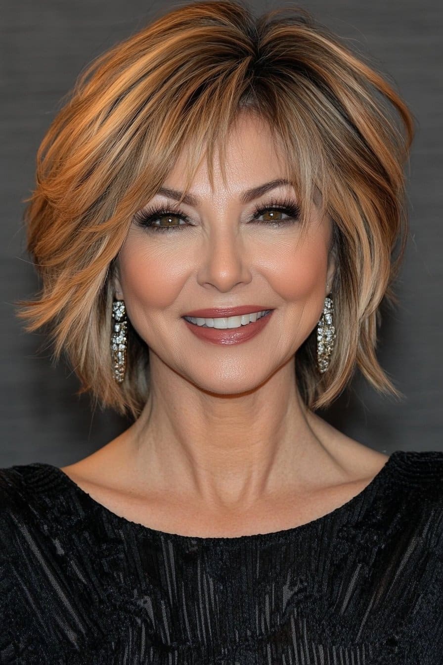 Stylish stacked bob with side bangs for women over 50