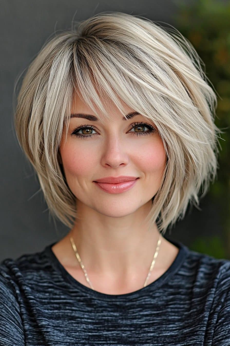 Stylish stacked bob with side bangs for women over 50