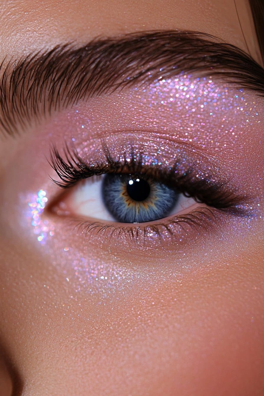 A close-up of a woman's eye with soft silver shimmer on the center of the lid. The sparkle is delicate and enhances the eye naturally. The lashes are curled, creating an elegant, fresh appearance.