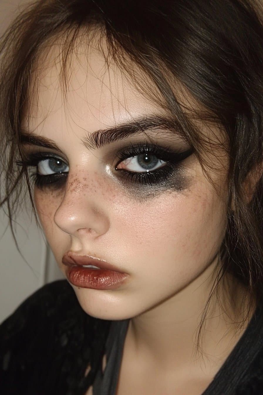 A close-up of a woman's eye featuring a soft smudged black liner. The liner is diffused along the upper and lower lash lines, creating a slightly messy yet intentional grunge aesthetic