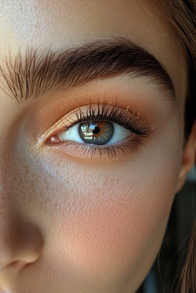 A close-up of a downturned eye with a sunset-inspired makeup look. Warm hues of orange, pink, and gold blend seamlessly across the lid, resembling a golden sunset