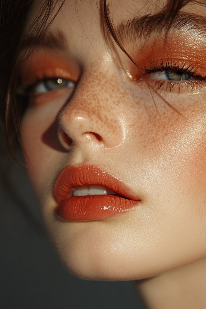 A full face makeup look featuring a sunset-inspired red gradient eye with warm red, orange, and peach tones for a soft, romantic effect