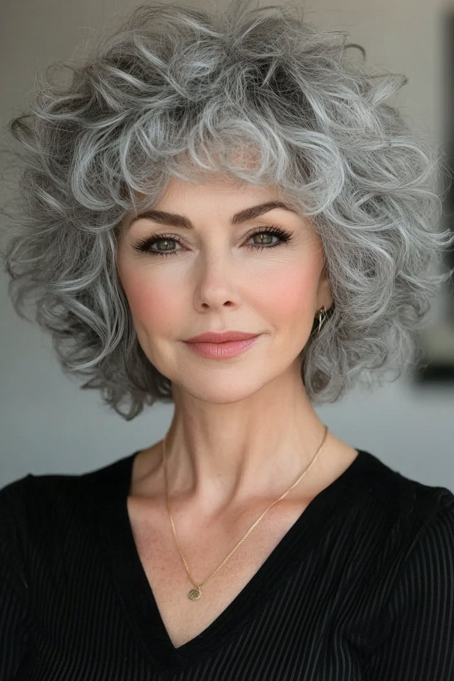 A confident woman over 50 with a tapered gray curly bob. Shorter layers at the back create lift, while soft front curls add elegance