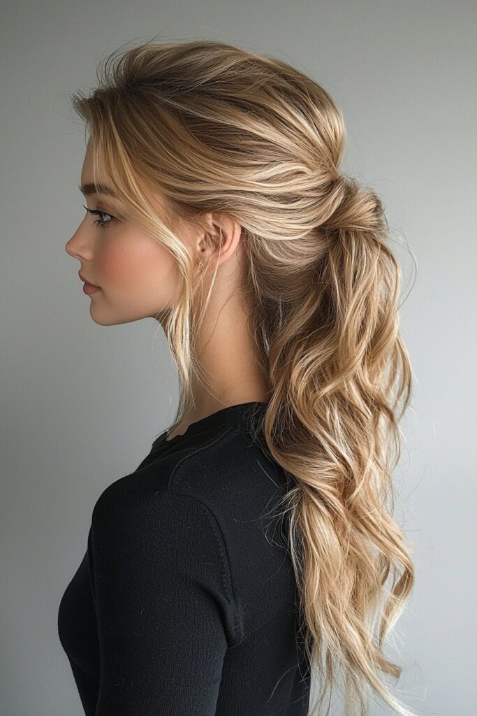 Young woman wearing a textured low ponytail with voluminous waves and subtle highlights. The hairstyle gives a glamorous, effortless vibe, set against an indoor salon background.