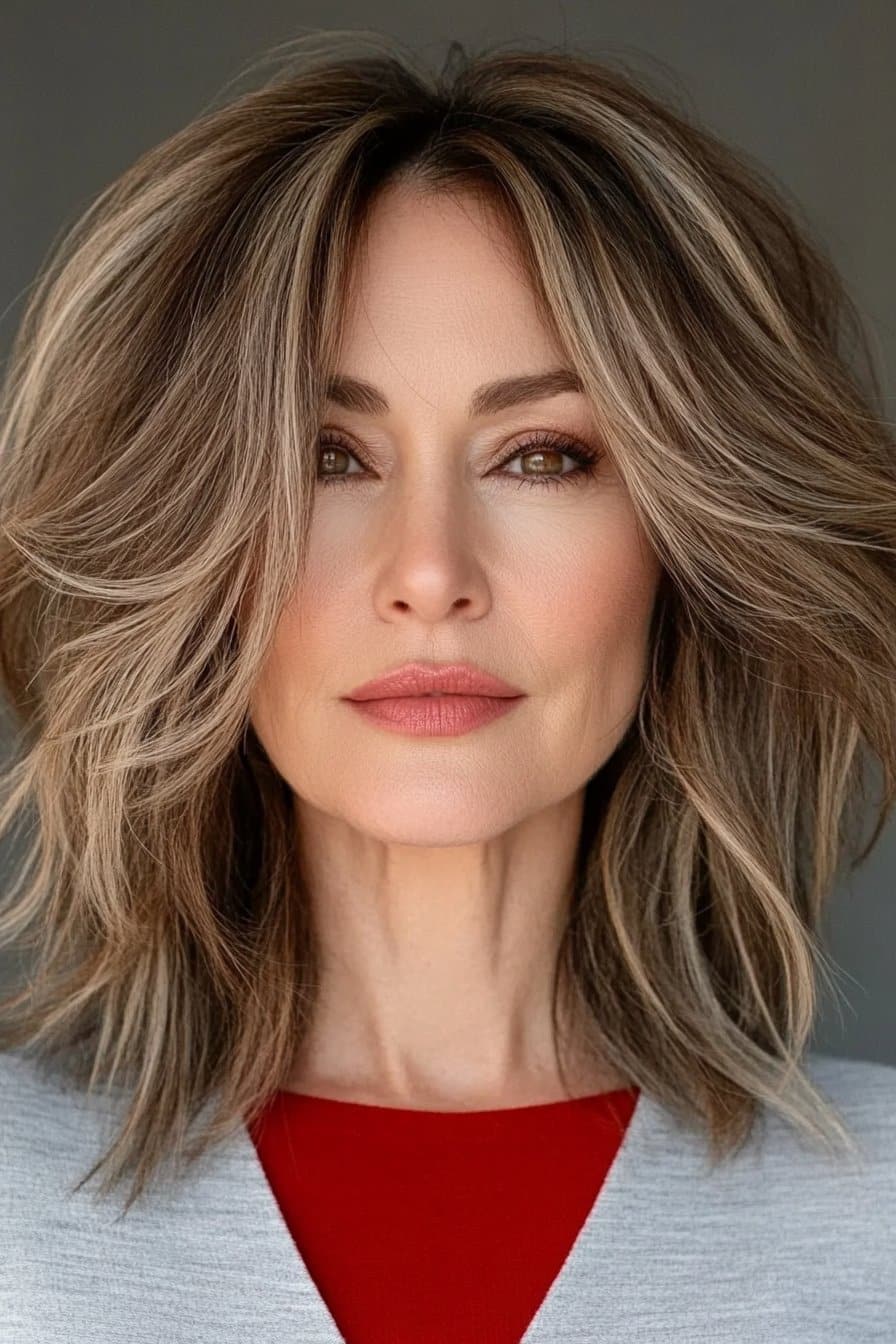 Stylish woman over 50 with a textured medium-length cut and soft curtain bangs, adding volume and modern charm.