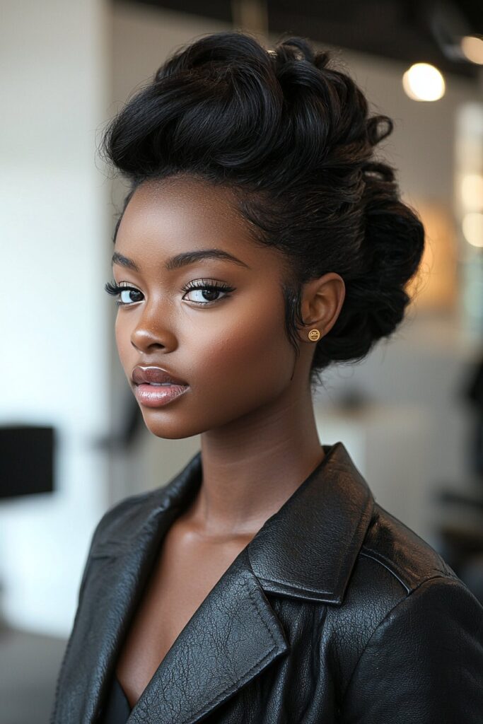 A young Black woman with a Textured Pompadour Updo in an indoor salon setting. Her hairstyle features a dramatic pompadour with a sleek back, providing a bold and elegant prom appearance.