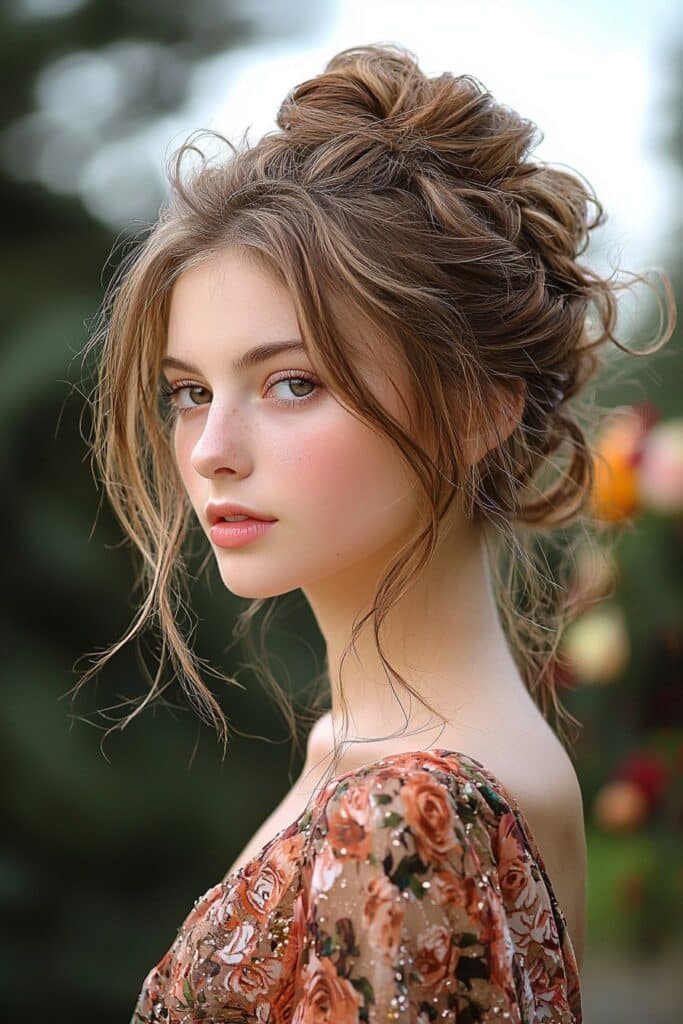 A young woman with a Textured Rose Bun hairstyle for prom. The image captures the hairstyle in a romantic floral-themed prom environment.