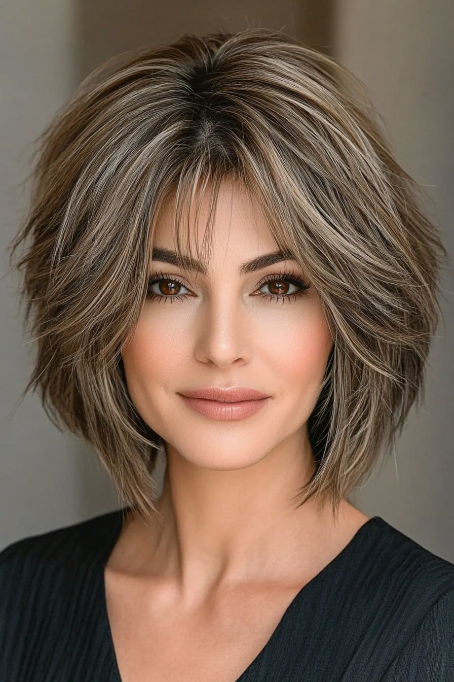 Trendy textured stacked bob cut for mature ladies