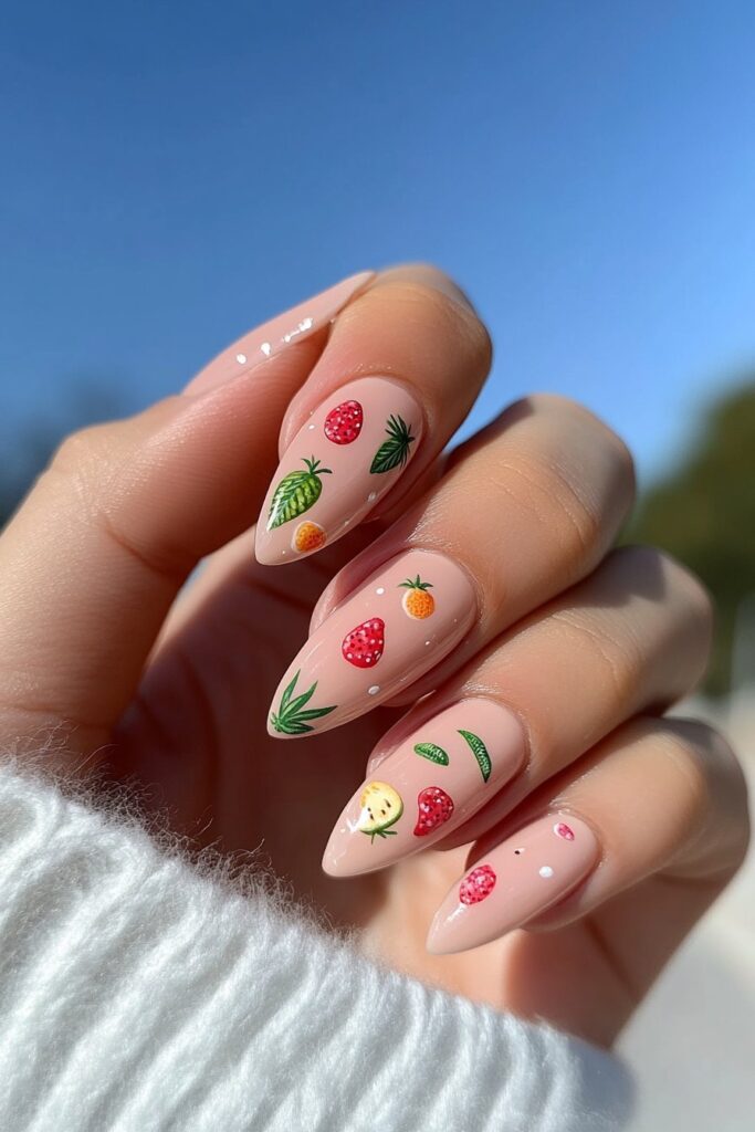 Almond-shaped nails with vibrant tropical fruit patterns featuring pineapples, watermelons, and oranges for a playful summer vibe.