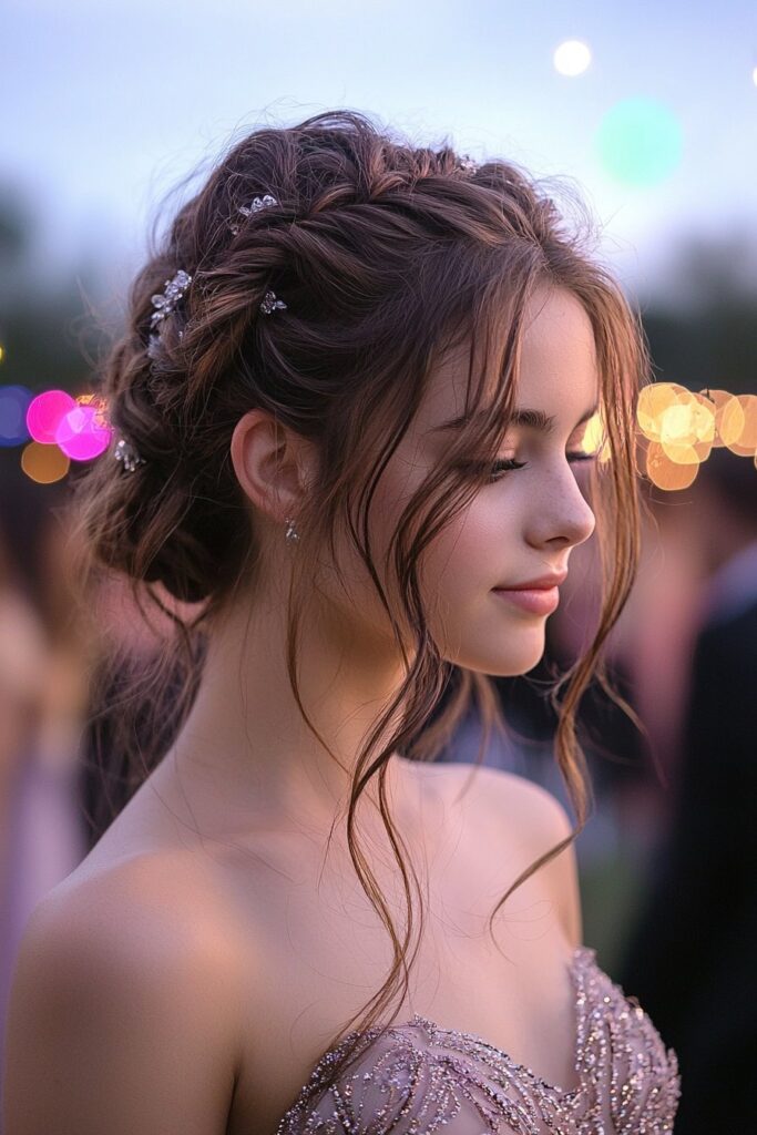 A young woman with a twisted crown braid updo for prom. The hairstyle includes twisted braids encircling her head like a crown, giving a playful yet elegant appearance. She is on a dimly lit dance floor with colorful prom lights.