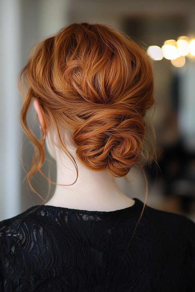 A young woman displaying a Twisted Rope Bun hairstyle for prom. The front side view emphasizes her hairstyle with a modern event venue backdrop.