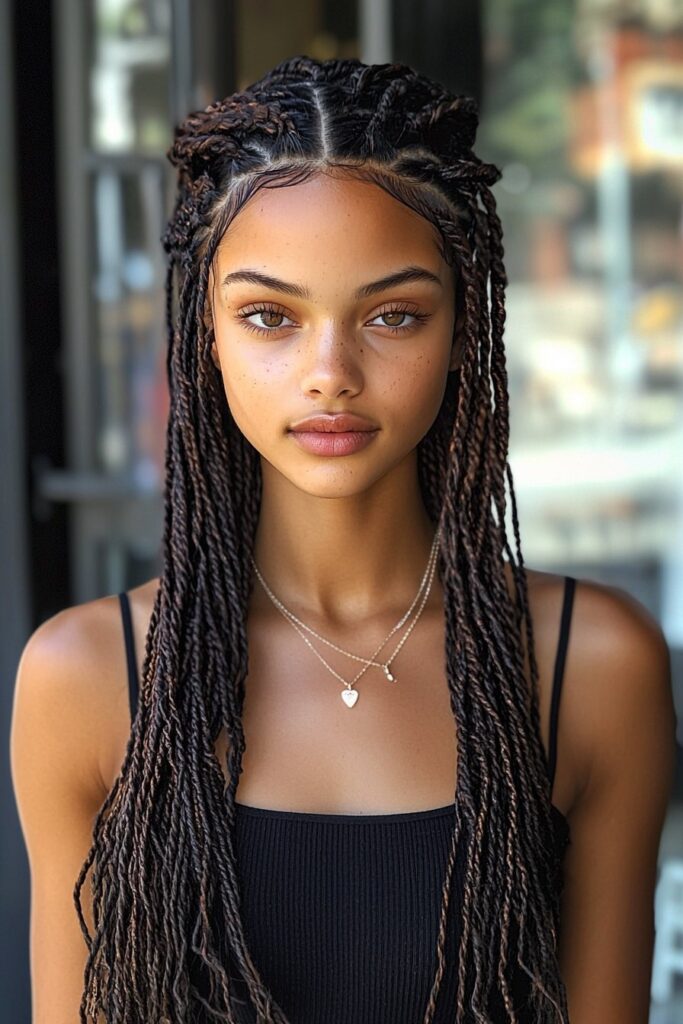 A young woman with a Twisted Rope Design half-up, half-down hairstyle. Intricately twisted rope braids create a sleek, modern style, blending into long flowing locks for a polished prom look. The street background enhances a fresh and dynamic atmosphere.