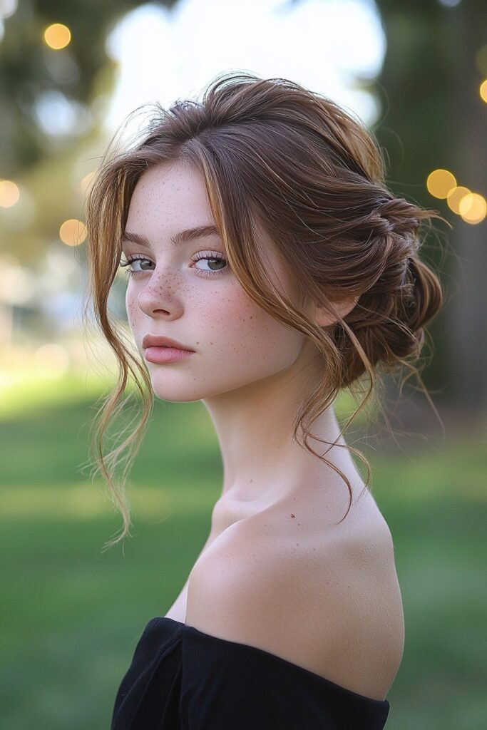 A young woman with a Twisted Side Bun hairstyle for prom. The hairstyle is showcased in a setting with softly glowing fairy lights.